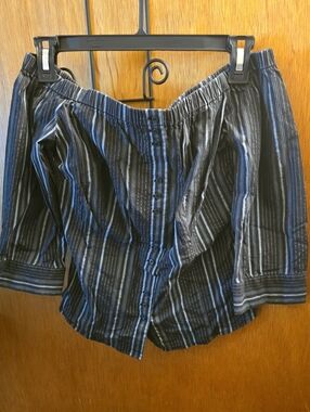 Taunt Black and Blue Striped Off-Shoulder Button-Down Top